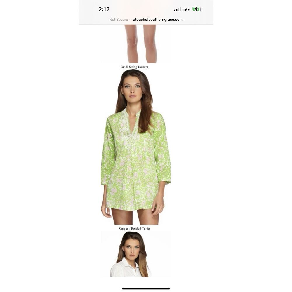 Lilly Pulitzer Sarasota Tunic Womens XS Green Pink Beaded Pleated V Neck Top